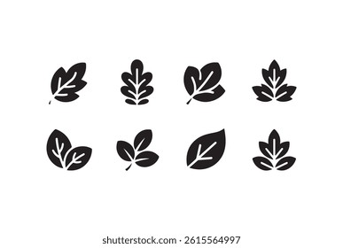 Collection of stylized leaf icons in black and white.