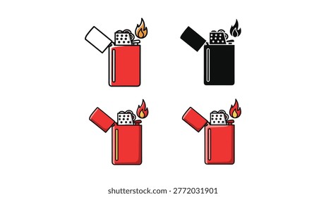 Collection of stylized lighters, featuring two red and two black versions with open lids and burning flames. Ideal for concepts related to ignition, fire, and accessories.