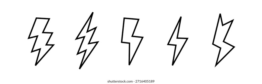 Una colección de iconos estilizados de rayos, ideales para diseños de conceptos de energía y potencia.