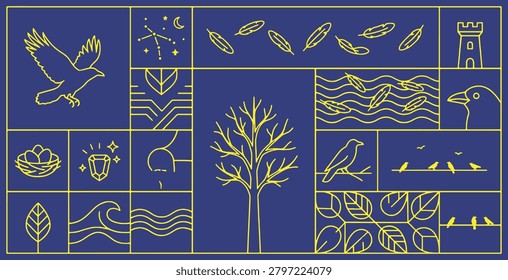 A collection of stylized line art icons on a dark blue background, featuring nature elements like birds, trees, feathers, leaves, water, and a nest.