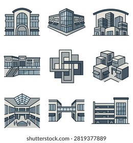 A collection of stylized line art icons depicting various commercial building designs including malls, office complexes, and parking structures.