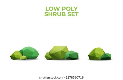 Collection of stylized low poly shrub. Vector 3D Illustration.