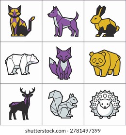 Collection of stylized, low-poly geometric animal illustrations featuring a cat, dog, rabbit, bear, fox, panda, deer, squirrel, and hedgehog in a vibrant color palette.