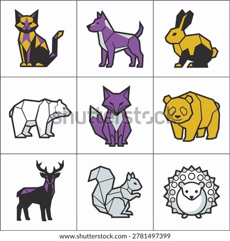 Collection of stylized, low-poly geometric animal illustrations featuring a cat, dog, rabbit, bear, fox, panda, deer, squirrel, and hedgehog in a vibrant color palette.