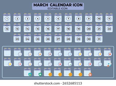 Coleção de ícones estilizados de calendário de marcha com dias numerados e recursos personalizáveis para