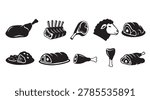 Collection of stylized meat portions and lamb head silhouette for culinary and butcher shop branding. Useful for food menus restaurant concepts.