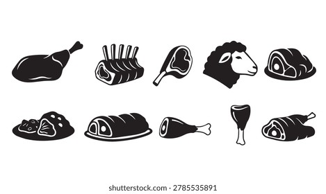 Collection of stylized meat portions and lamb head silhouette for culinary and butcher shop branding. Useful for food menus restaurant concepts.