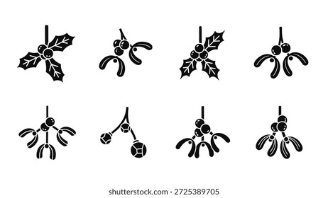 Una colección de muérdago estilizado se presentan en blanco y negro. Las ilustraciones muestran varios arreglos de hojas y bayas. Adecuado para el diseño de temática navideña, los Elementos proporcionan una estética versátil. Podrían ser utilizados en proyectos comerciales, enfatizando un sentimiento estacional.