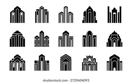 A collection of stylized, modern building facade icons in a black and white vector format, representing diverse architectural styles.