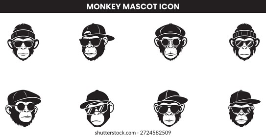 Collection of stylized monkey head icons wearing various hats and sunglasses