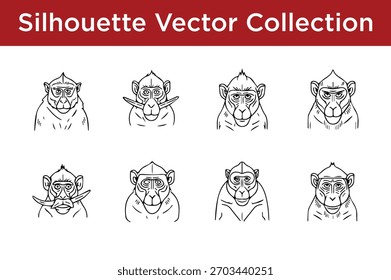 A collection of stylized monkey head silhouettes in black and white vector line art, perfect for various design projects.