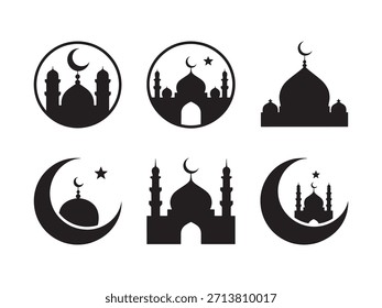 Una colección de siluetas estilizadas de mezquitas con lunas y estrellas en media luna, representando íconos de la fe islámica