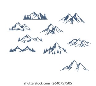 Collection of stylized mountain range illustrations, perfect for logos, prints, or outdoor designs.