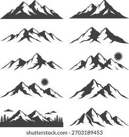 Coleção de serras estilizadas silhuetas montanhas