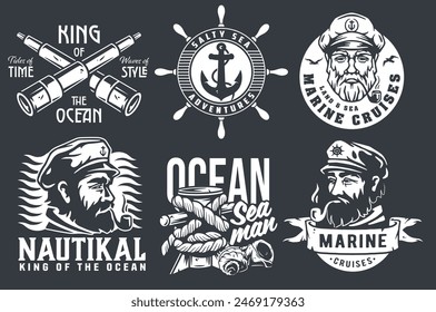 Collection of stylized nautical emblems featuring maritime symbols, sailor portraits, and ocean adventure text in monochrome.