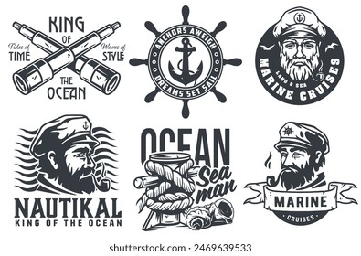 Collection of stylized nautical emblems featuring maritime symbols, sailor portraits, and ocean adventure text in monochrome.