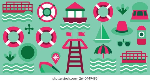 A collection of stylized nautical icons, including boats, life preservers, a lifeguard tower, and beach accessories in a retro color palette.