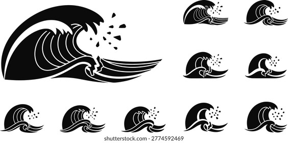 Collection of stylized ocean wave vector icons showing turbulent sea surf splashing water and storm patterns in eps.
