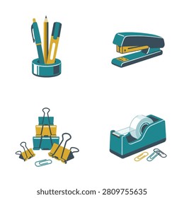 A collection of stylized office and school supply icons featuring a stapler tape dispenser binder clips and writing utensils in a teal and yellow color palette
