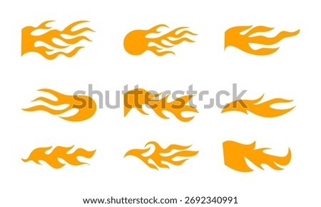 A collection of stylized orange and yellow flame shapes. Excellent graphic elements for themes related to speed, energy, power, and vibrant action.