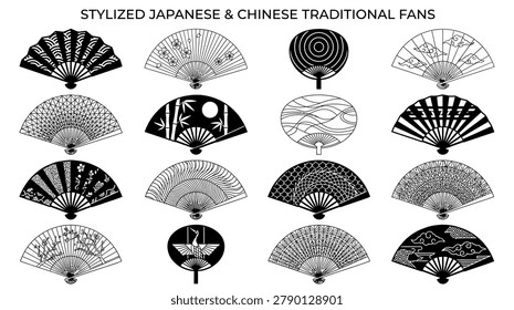 A collection of stylized oriental folding hand fans featuring intricate patterns including bamboo, cranes, waves, and floral designs in black and white.
