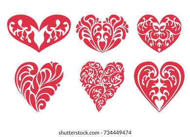 Collection stylized ornate hand drawn heart isolated on white background. Decorative romantic heart set for Valentine day, marriage, invitation, tattoo, embroidery and other design.