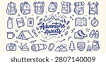 A collection of stylized outdoor gear doodles perfect for travel blogs camping promotions or adventure marketing.