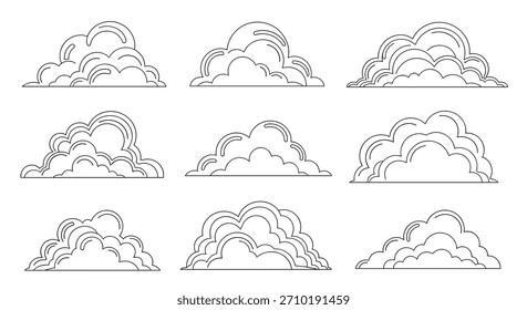Collection of stylized outline cloud icons, featuring various shapes and forms, perfect for weather, sky, or nature designs.