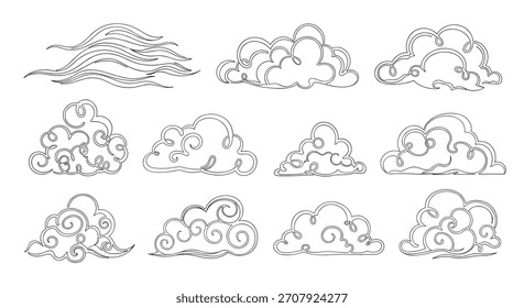 Collection of stylized, outline drawings of clouds on a white background.