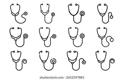 Collection of stylized outline illustrations of stethoscopes ideal for medical healthcare and conceptual designs
