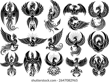A collection of stylized phoenix bird images depicting rebirth and strength, featuring intricate feather designs and circular symbols.