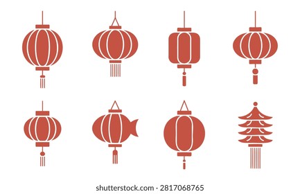 Collection of stylized red Chinese lanterns and traditional pagoda building isolated on transparent background
