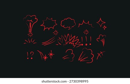 Colección de estilizados garabatos de efecto de explosión e impacto de estilo de cómic dibujado a mano en rojo con estrellas de Formas abstractas y burbujas de discurso dibujadas simplemente sobre un fondo oscuro.