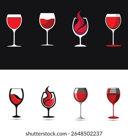 Collection of stylized red wine glasses with abstract flame designs and simple representations on black and white backgrounds