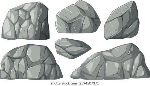 A collection of stylized rock illustrations featuring varied shapes and textures, ideal for digital design and animation projects