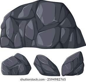 A collection of stylized rock illustrations featuring smooth, angular shapes and dark gray tones, ideal for digital design projects