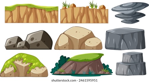 Collection of stylized rocks and boulders with foliage