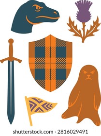 A collection of stylized Scottish symbols including a dinosaur head, thistle flower, sword, plaid shield, pennant flag, and a creature.