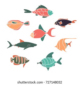Collection of stylized sea fishes. Hand drawn vector illustration.