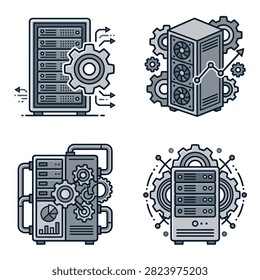 Collection of stylized server rack icons with gears and data flow elements representing technology and processing.