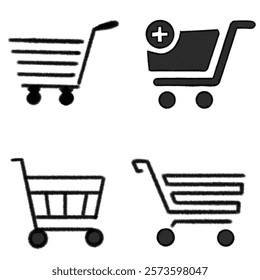 A collection of stylized shopping cart illustrations symbolizing commerce, online shopping, and retail. Ideal for e-commerce and digital marketplace presentations or materials with financial, business