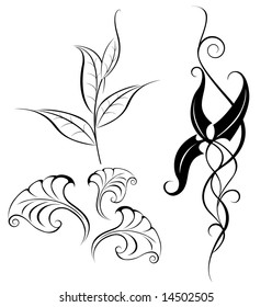 collection from stylized silhouette sheet from three plants drawn black on white background