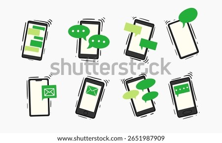 Collection of stylized smartphone illustrations, each depicting various communication methods such as text messages, chat bubbles, and email notifications