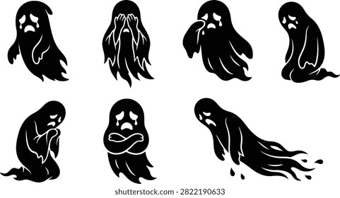 Collection of stylized spectral figures in a monochrome palette conveying grief and sorrow. Ideal for emotional storytelling or seasonal promotions.