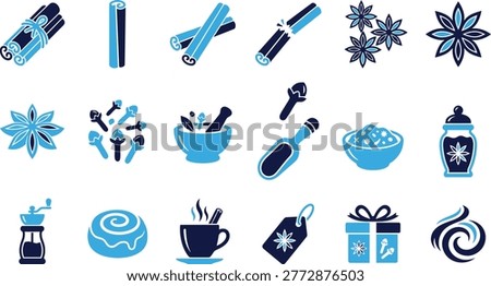Collection of stylized spice icons cinnamon sticks cloves star anise mortar and pestle grinder and gift box Isolated on white background.