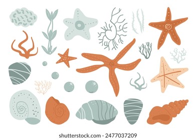 Collection of stylized starfish, coral, seaweed, and seashells in soft, muted tones, ideal for serene oceanic designs. Vector hand drawn set illustration.