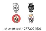 Collection of stylized sugar skull illustrations wearing ornate crowns, presented in various styles including line art, silhouette, and color. Ideal for Day of the Dead, Halloween, or gothic themed designs.