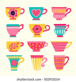 Collection of stylized teacups. Tea party