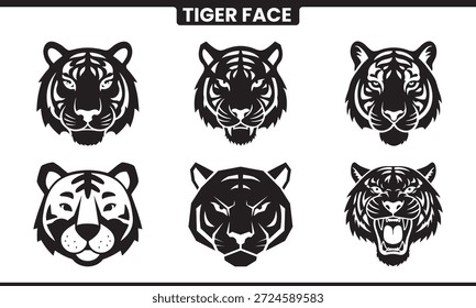 A collection of stylized tiger faces in monochrome graphic designs