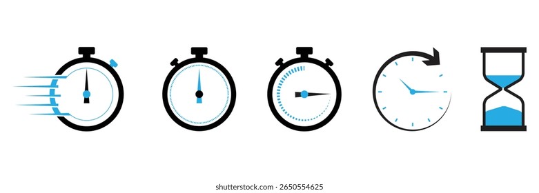Collection of stylized timekeeping icons including stopwatches a clock and an hourglass with blue accents